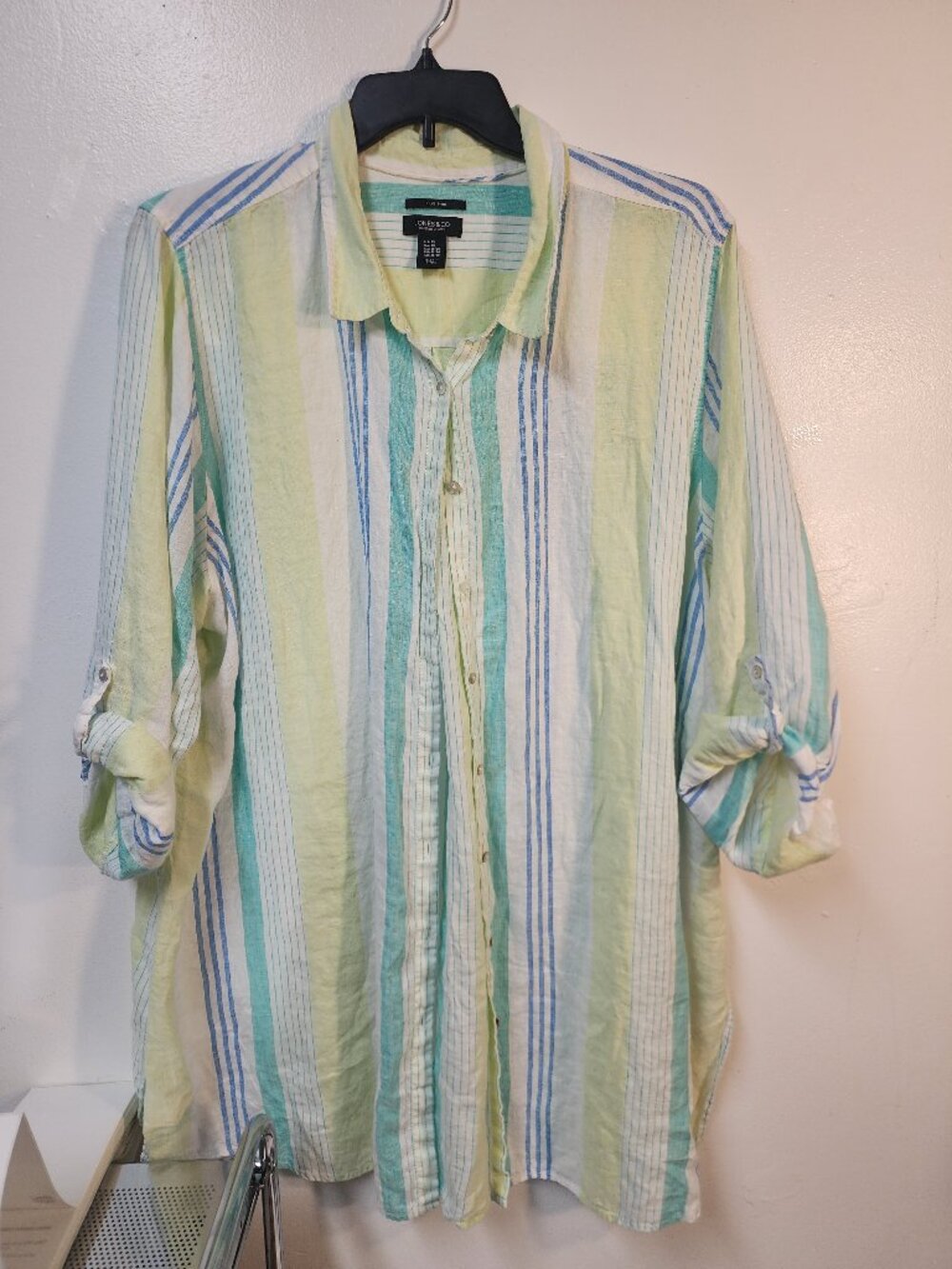 Jones & Co. Linen green blue aqua striped long sleeve shirt 3x Beach Coverup
